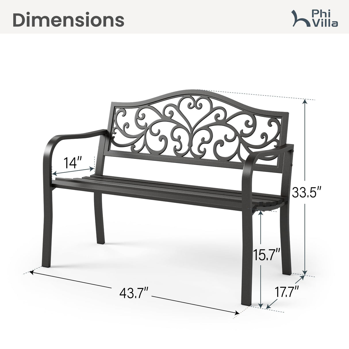 PHI VILLA 43 Inch Cast Iron Steel Frame Outdoor Garden Bench, Patio Furniture Chair Bench w/Floral Design Backrest, Slatted Seat for Park, Yard, Porch - Black PHI VILLA
