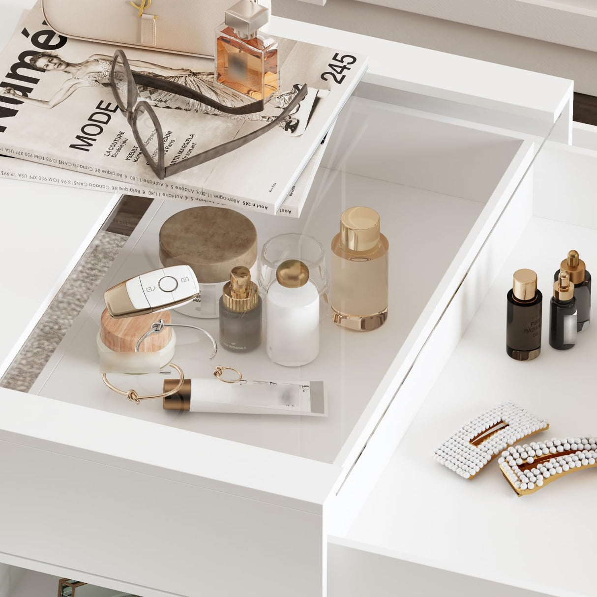 WOODTIME Armoire Bedroom Island with Sliding Glass Top, Wardrobe Closet with 12 Drawers, Walk-in Closet Island Dresser for Bedroom Shops, White WOODTIME