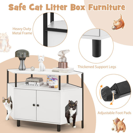 Tangkula Corner Litter Box Enclosure, Double Enclosed Litter Box Furniture with Open Shelf, 2 Entrances, Hidden Cat Washroom, Large Cat Box Cabinet for Indoor Cats (White) Tangkula