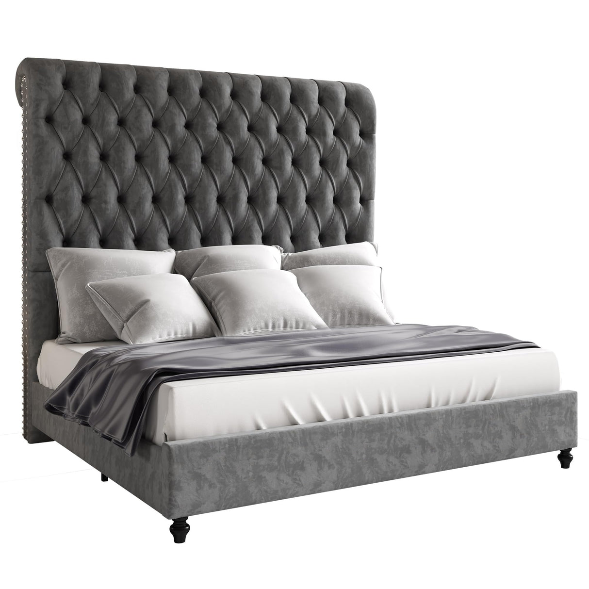 Jocisland King Size Platform Bed Frame with 60" Tall Sleigh Headboard, Luxury Velvet Upholstered Bed, Handcrafted Deep Button Tufted, Solid Wood Legs, Noise-Reducing, No Box Spring Needed,Light Gray Jocisland