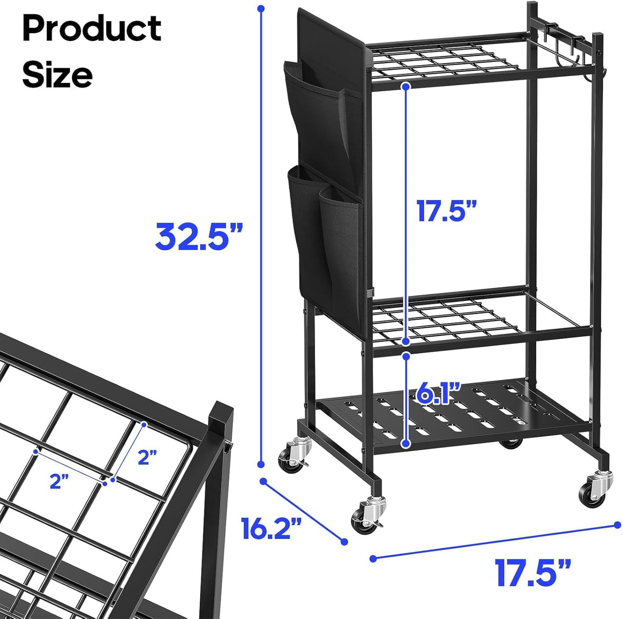 SUFAUY Garden Tool Organizer, Rolling Heavy-Duty Garage Tool Stand, Yard Storage Rack with Casters and Hooks, Black SUFAUY