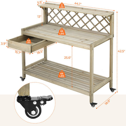 Arlopu Outdoor Potting Bench Garden Table with 4 Wheels, Wooden Planting Table Workstation w/Lattice Back, 3 Levels of Storage, Cabinet Drawer, Open Shelf, for Patio, Garden (Natural Wood, 44.1")