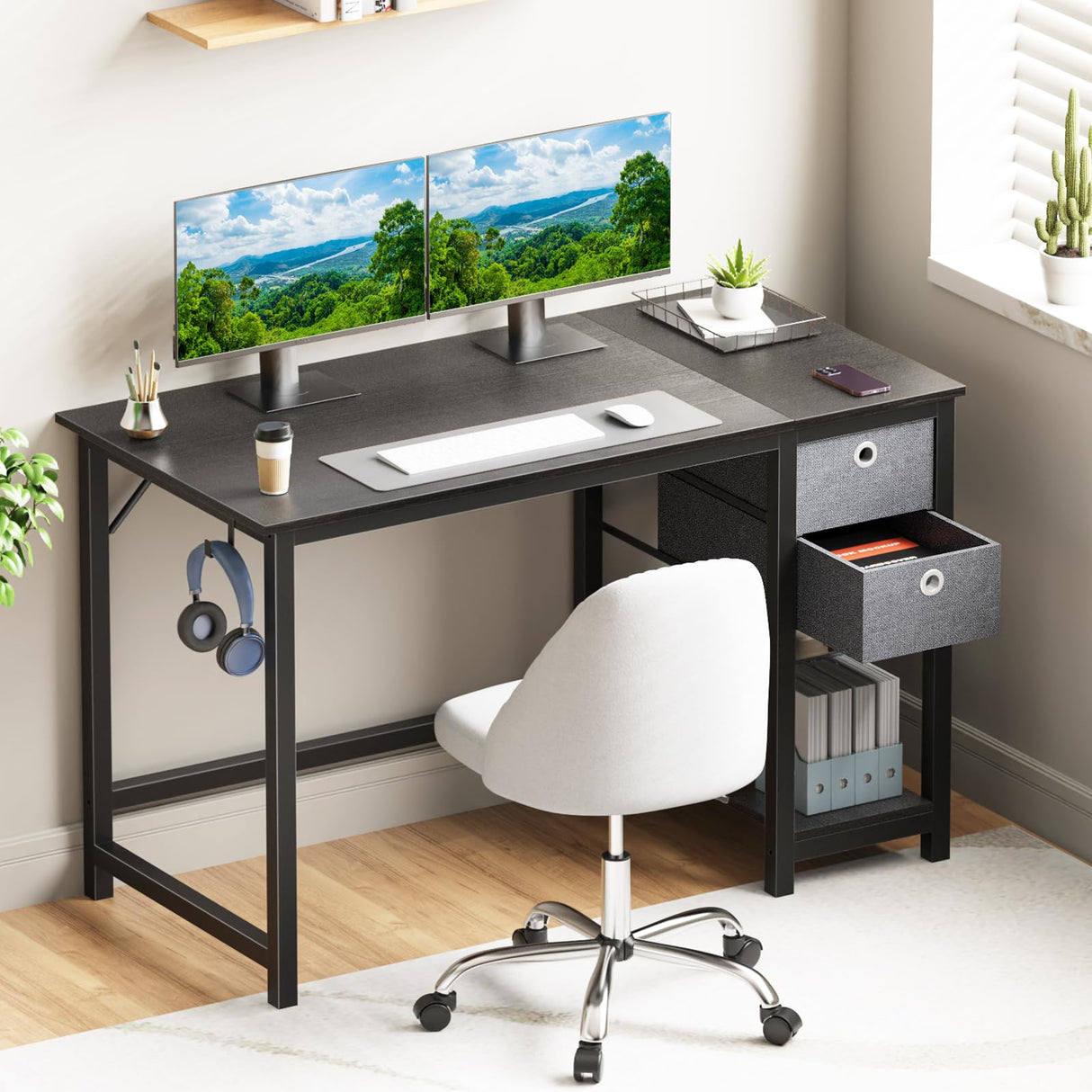 SMUG Computer Desk with Storage Drawers, Small Office Desk Modern Simple Study Writing Table for Home Bedroom, Spacious 40X24 Desktop with 2-Tier Drawer, Black SMUG
