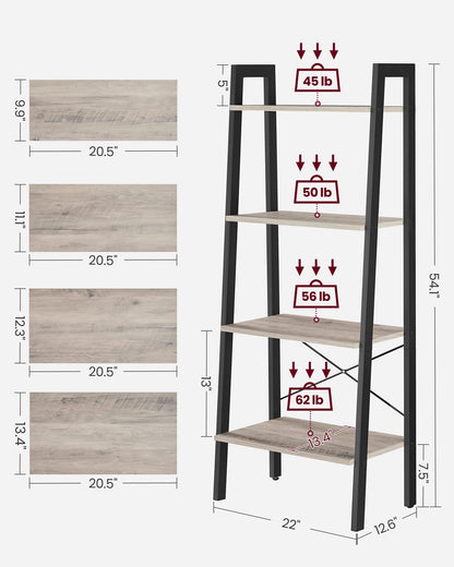 VASAGLE Ladder Shelf, 4-Tier Bookshelf, Storage Rack, Bookcase with Steel Frame, for Living Room, Home Office, Kitchen, Bedroom, Industrial Style, Greige and Black ULLS44MB