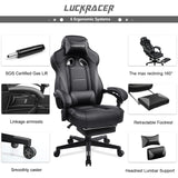 LUCKRACER Gaming Chair, Video Game Chairs Gaming Computer Chair with Footrest 350Lb Heavy Duty Gaming Chair Ergonomic Office Chair Lumbar Support for Adults, High Back, Swivel Seat, Recliner(Grey) LUCKRACER