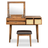 Merax 43.3" Classic Wood Makeup Vanity Desk Set with Flip-top Mirror, Dressing Table with 3 Storage Drawers and Cushioned Stool, Brown Merax