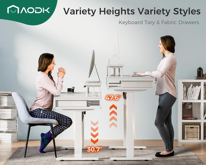 AODK White Standing Desk with 2 Drawers & Keyboard Tray and USB & LED Lights, Height Adjustable Desk 47 Inch with Power Outlets & LED Lights, Stand Up Desk with Monitor Shelf - WoodArtSupply