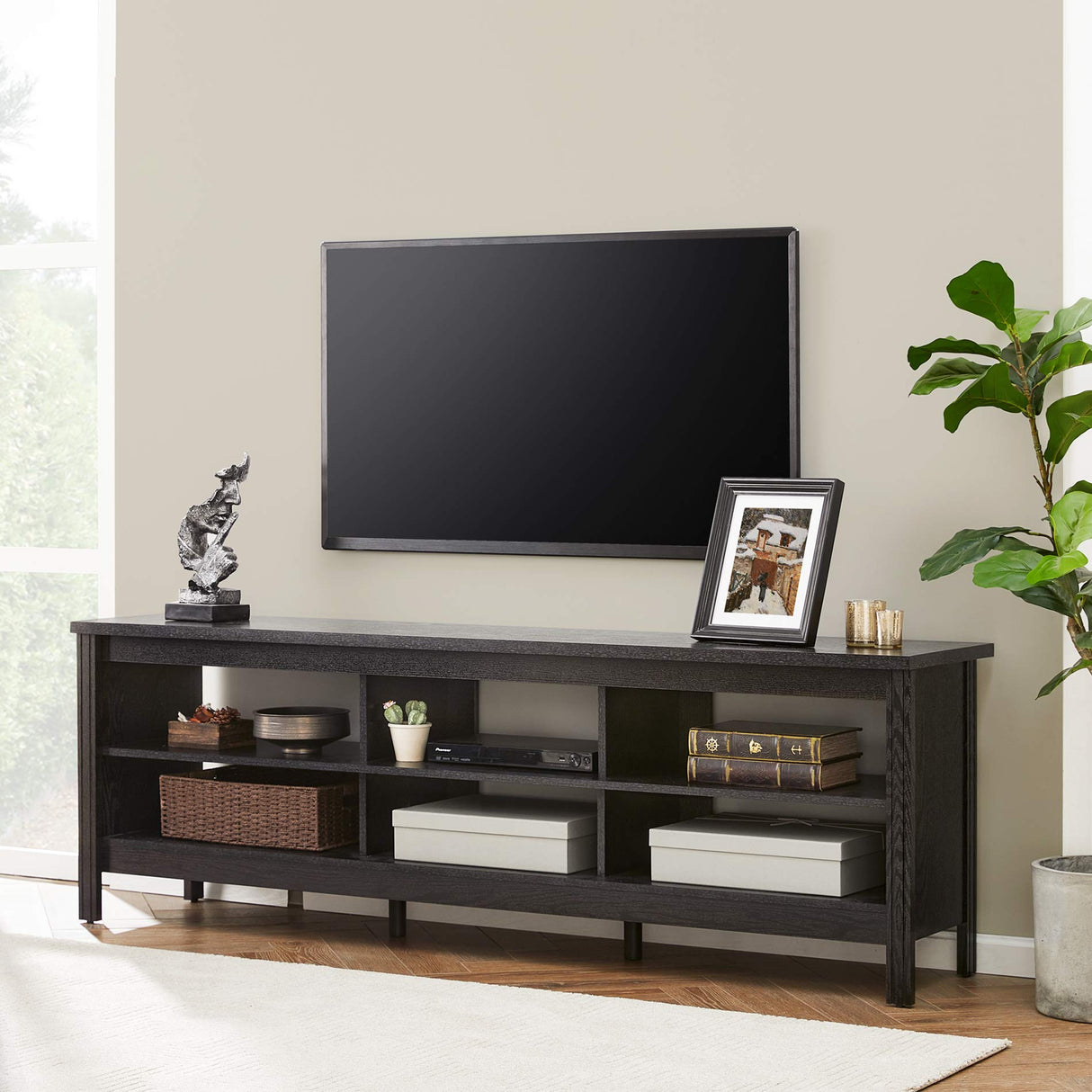 WAMPAT TV Stand for Living Room 70inch, Wooden TV Entertainment Center with 6 Storage Cubby, Modern TV Stands for Bedroom,Fits TVs up to 75 Inch.Black WAMPAT