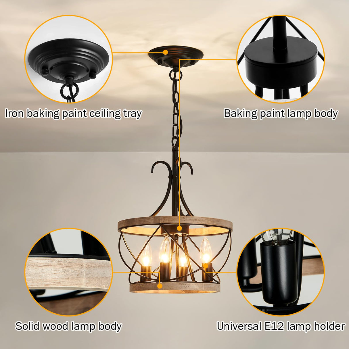 UOFUS 4-Light Farmhouse Wood Chandelier Rustic Drum Hanging Pendant Lighting French Country Industrial Candle Chandelier Light Fixture for Dining Room Kitchen Living Room Entryway Office UOFUS