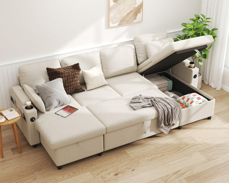 DURASPACE Sofa Bed Pull Out Couch Sleeper with Double Storage Chaise, U Shaped Convertible Sectional Sleeper Sofa for Living Room with USB Charging Ports, Cup Holder (Beige) DURASPACE
