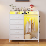 LUMTOK Modern 5 Dresser with LED Hanging Rack, Dresser with Clothes Rack, Hanger Rack, and Storage Drawers, Drawer Dressers with Coat Racks for Bedroom Living Room, Entryway, Closets (White) LUMTOK