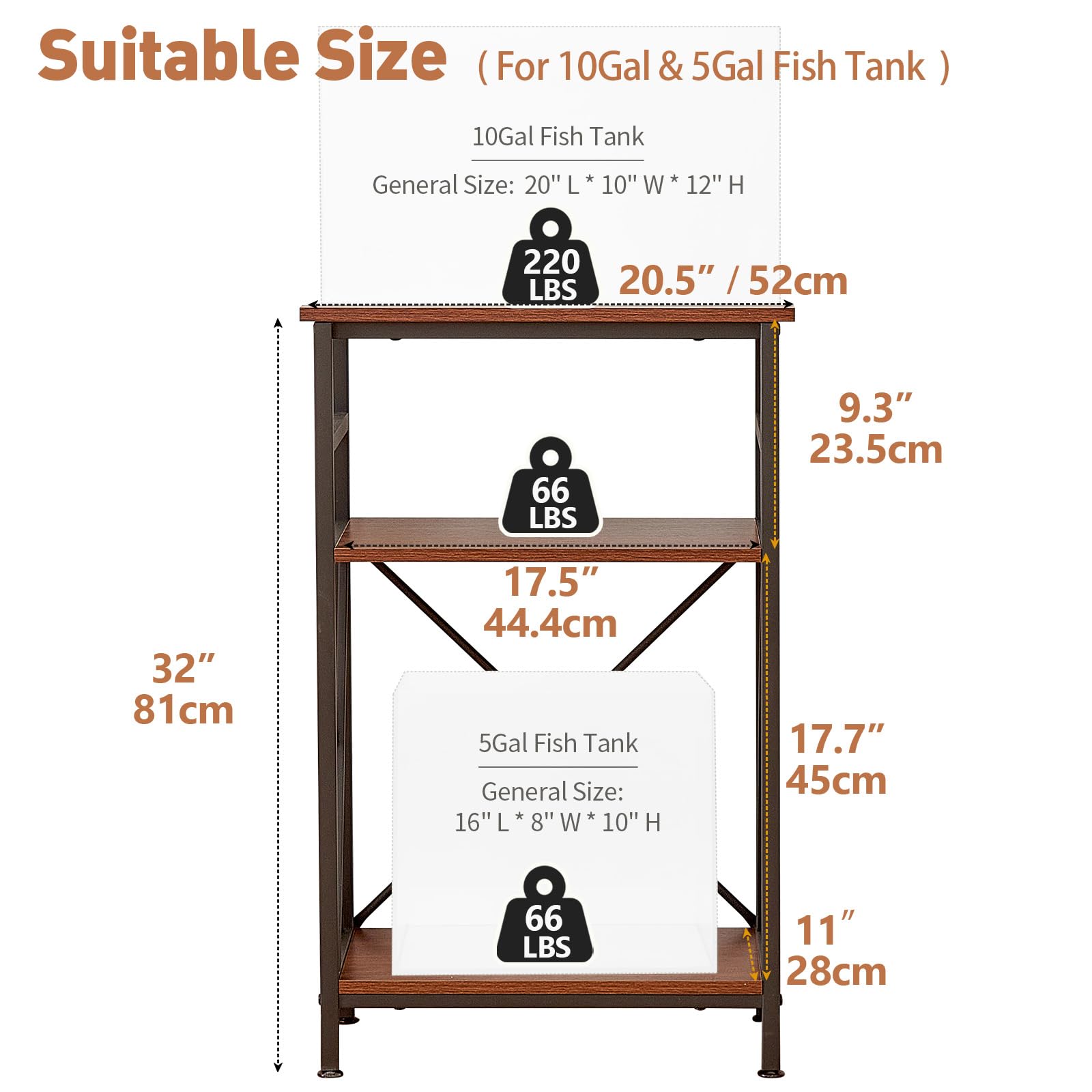 LAQUAL 10 Gallon Fish Tank Stand with Shelf, Double Aquarium Stand for 10&5 Gal Fish Tank, 3-Tier Heavy Metal Stand with Stable Structure, Adjustable Table Feet&Anti-tilt Device - Walnut Brow - WoodArtSupply