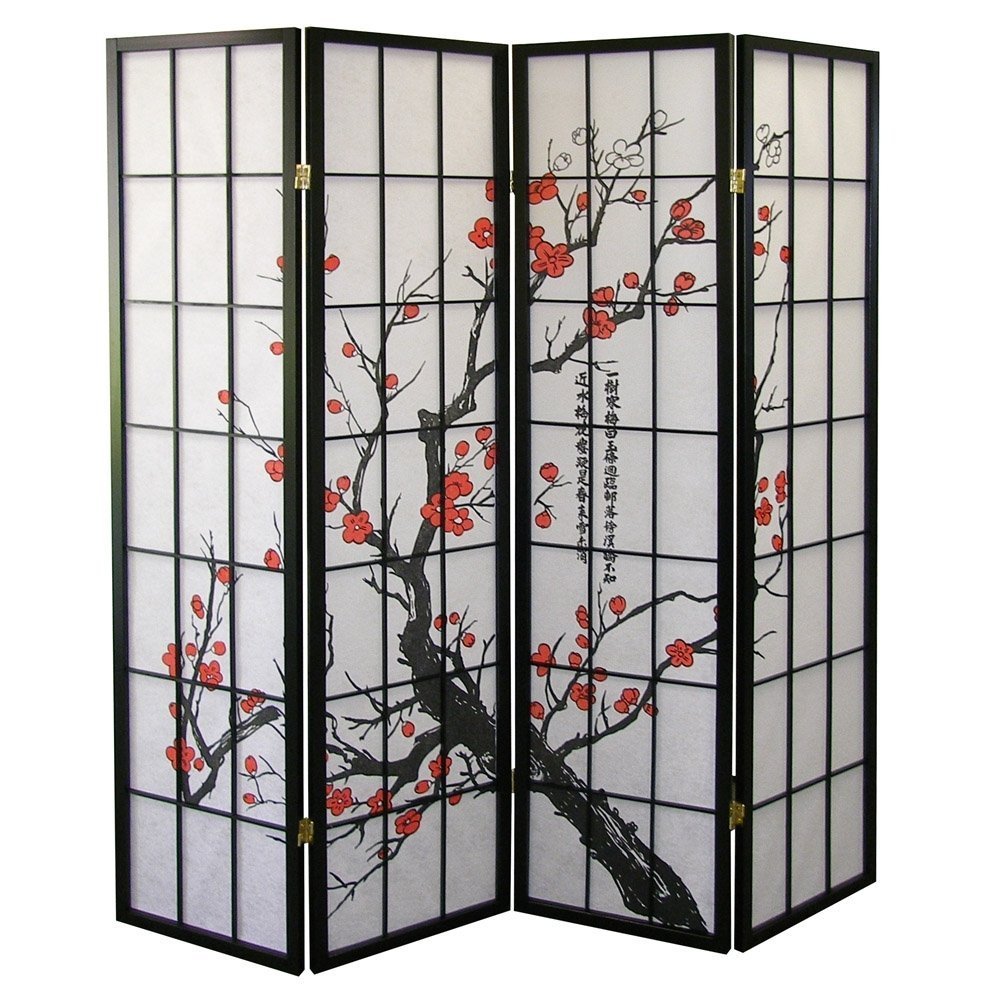 Roundhill Furniture Black Japanese 4-Panel Screen Room Divider, Plum Blossom Roundhill Furniture