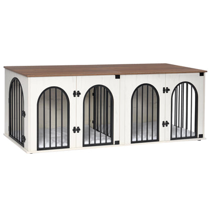 Hzuaneri Dog Crate Furniture, 71" Heavy Duty Dog Kennels with Divider, Pads, Side Table, TV Cabinet, Wooden Dog Crate Furniture for 2 Dogs, Small/Medium/Large Dog, Anti-Chew, White Brown - WoodArtSupply