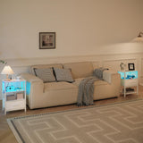 Yoobure White Night Stand with Charging Station, LED Nightstand for Bedroom, Bedside Tables with Adjustable Fabric Drawer, 3-Tier End Table Living Room, Small Side Table with Storage Yoobure