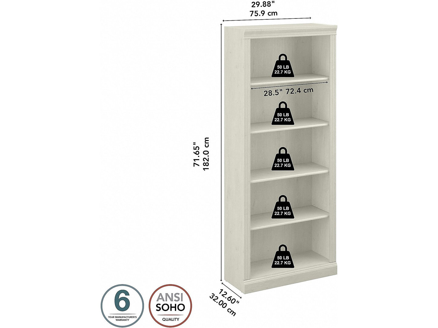 Saratoga Tall 5-Shelf Bookcase in Linen White Oak Finish - WoodArtSupply