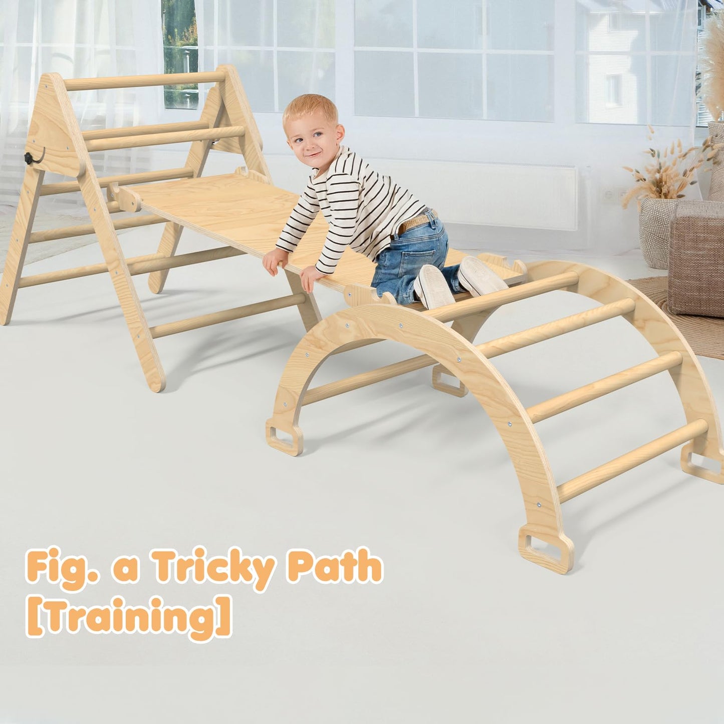 Pelnuies Pikler Triangle Set, 5 in 1 Wooden Montessori Climbing Set with Ramp for Sliding or Climbing, Foldable Toddler Climbing Toys Indoor Playground, Jungle Gyms for Toddlers 1-3, Natural