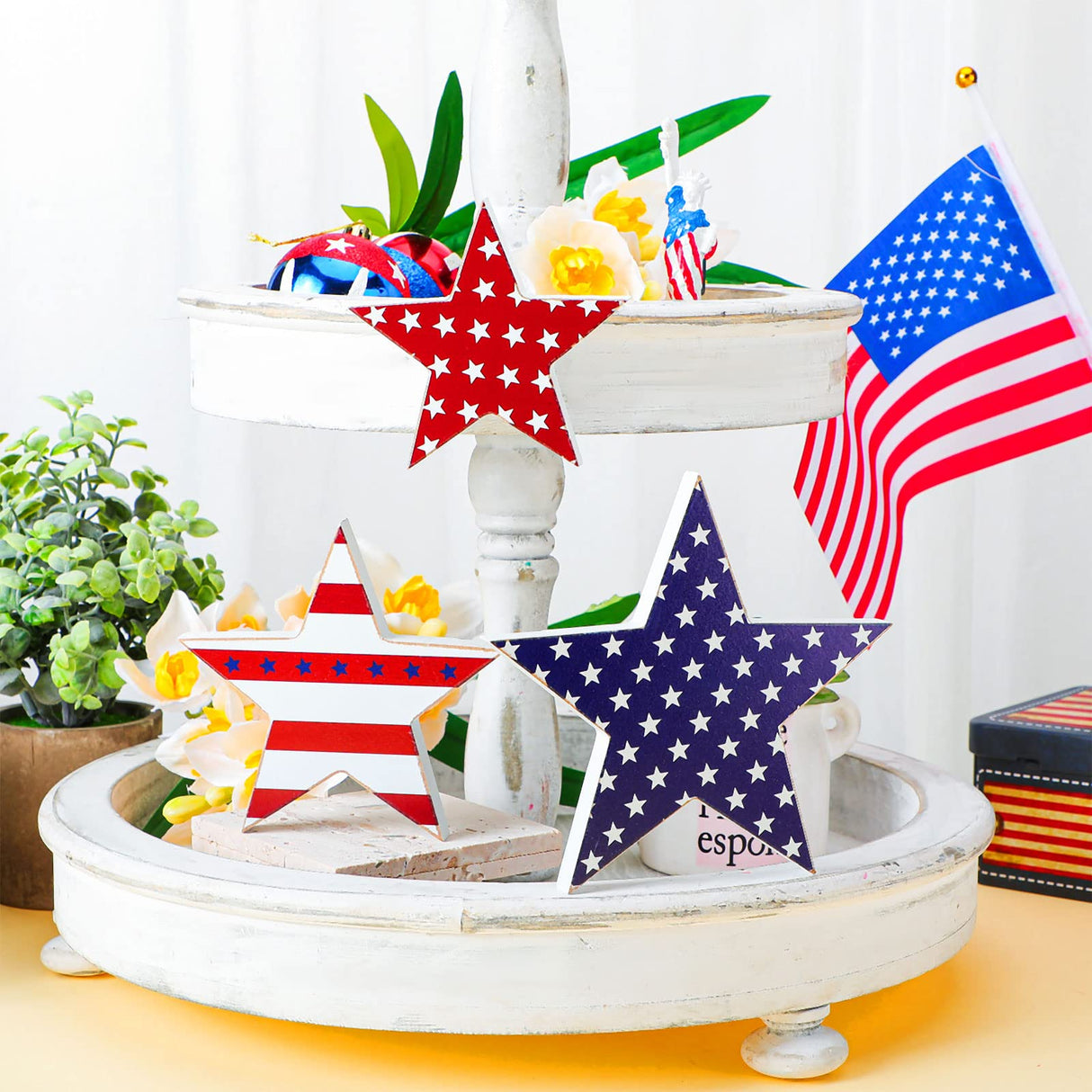 3 Pcs 4th of July table decorations Patriotic Wooden Star Centerpiece Sign Independence Day Tiered Tray Decor Memorial Day Tabletop Decorations for Home Festival Party Decor (Classic) Yulejo