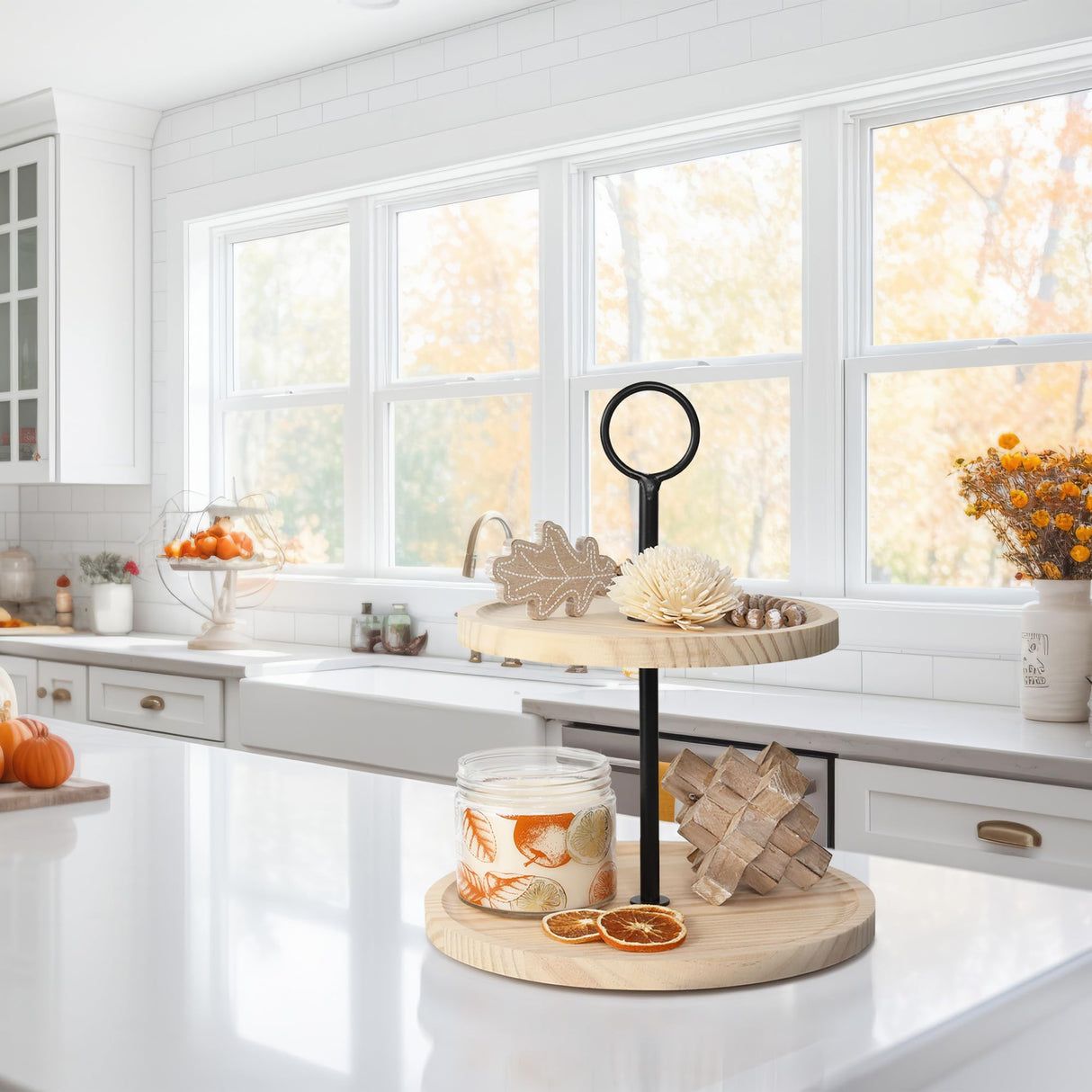 Decorative Wooden Tiered Tray Stand - Beautiful Two Tiered Coffee Table Serving Tray Enhances Your Seasonal Modern Farmhouse Decor - The Perfect Centerpiece for Your Fall Table Decorations KIBAGA