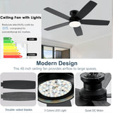 NKPU Black Ceiling Fans with Lights, 48Inch Low Profile Ceiling Fan with Light and Remote/App Control, Flush Mount, Reversible DC Motor, 3CCT Dimmable led, Modern Ceiling Fan for Indoor/Outdoor Use NKPU