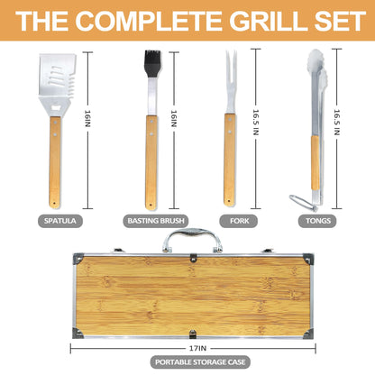 Valentines Day Grilling Accessories Gifts for Men, Heavy Duty Wooden BBQ Kit with Apron for Backyard, Thick Stainless Steel Grill Utensils with Non-Slip Handle Tools in Portable Bag for Dad Birthday