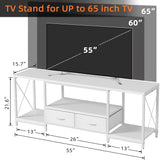 GYIIYUO TV Stand with Fabric Drawers for 55 60 65 Inches TV - Entertainment Center and Industrial TV Console Table with Open Storage Shelves for Living Room, Bedroom - 55.1" White GYIIYUO