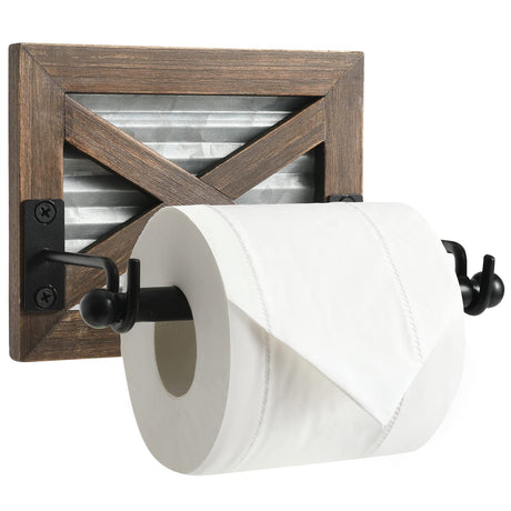 Farmhouse Toilet Paper Holder with Galvanized Metal& Black Metal - Rustic Warm Brown Wood Wall Mount Toilet Roll Holder for Bathroom Decor KULEDM