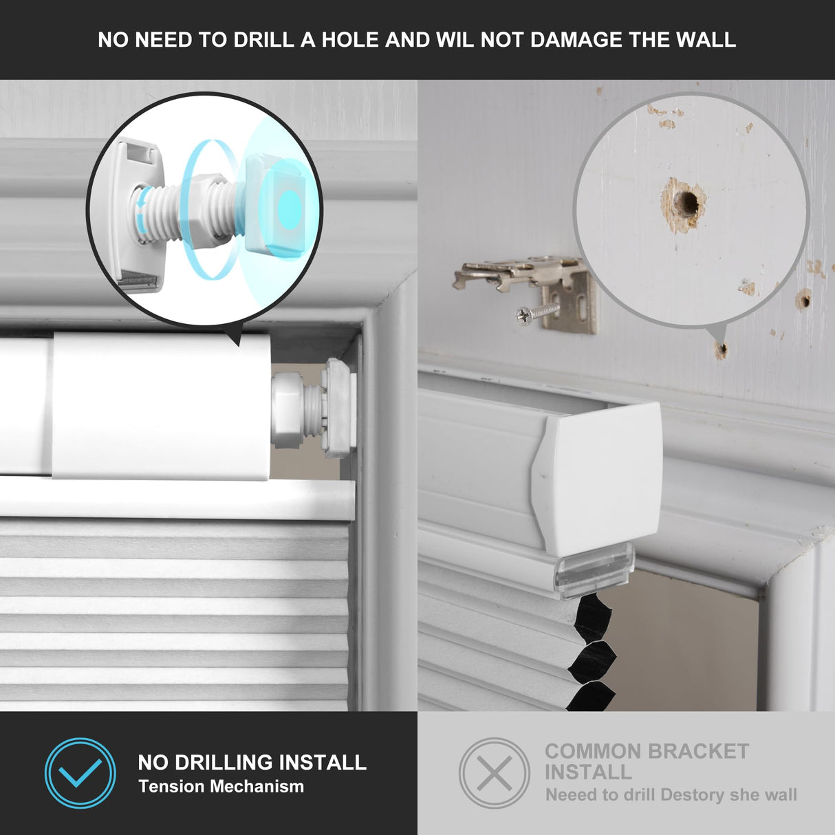 Boolegon No Drill No Tools Cellular Shades Top Down Bottom Up Honeycomb Blinds Blackout Cordless Window Blinds Easy to Install Cellular Shade for Windows,Blackout-White,Custom Size Boolegon