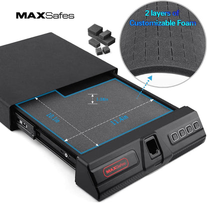 MAXSafes Slide-away handgun safe with Biometric Finger Vein Lock, Quick-Access, Under Desk Drawer Gun Safe for Home and Vehicle, 2 Pistols Safe Box, CA DOJ Approved (Store 50)