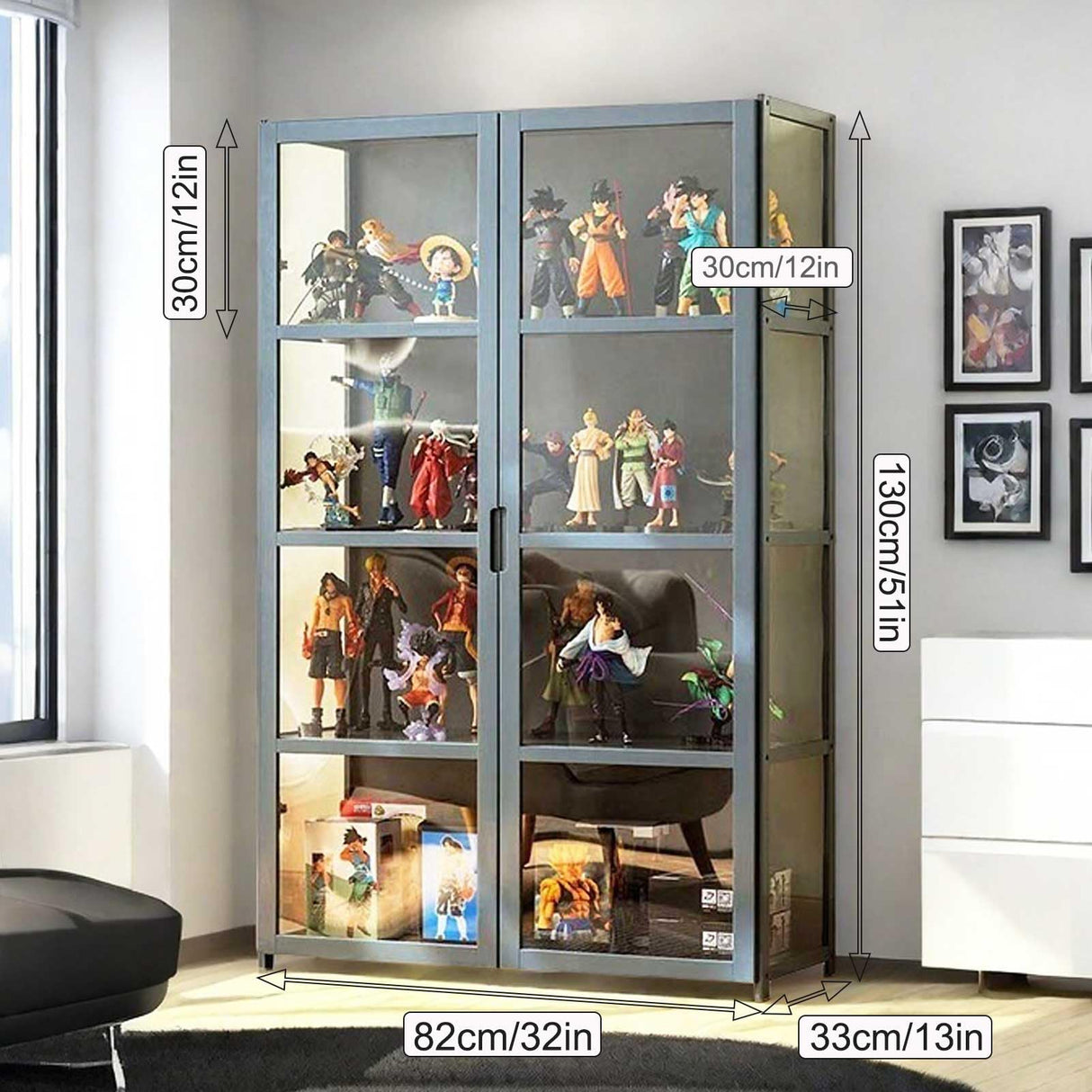 Curio Display Cabinet, 4-Tier Storage Shelves with Acrylic Double Door, Collectibles Toy Organizers Rack & Display Shelf, Bookshelf and Bookcase for Playroom, Bedroom,Wooden,130×82cm/51×32in Generic
