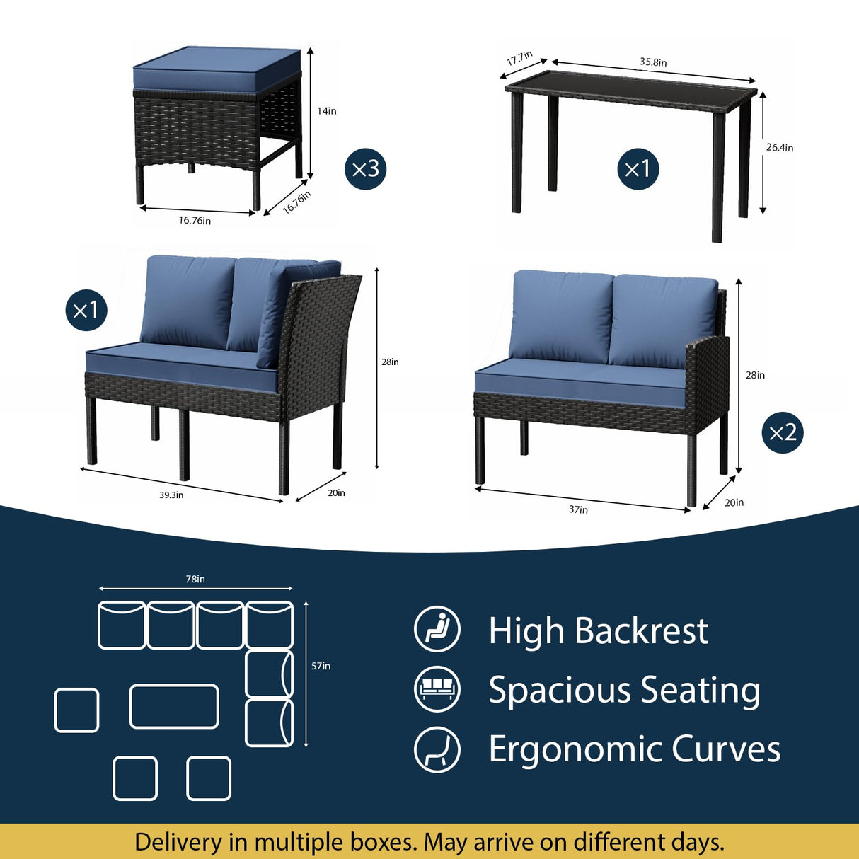 Temminkii 7 Piece Outdoor Dining Set, All-Weather Patio Furniture with Seat & Back Cushions, Conversation Sectional Sofa Set with Long Glass Coffee Table for Garden, Porch, Lawn, Blue Temminkii
