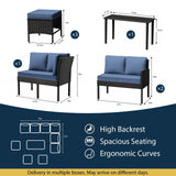 Temminkii 7 Piece Outdoor Dining Set, All-Weather Patio Furniture with Seat & Back Cushions, Conversation Sectional Sofa Set with Long Glass Coffee Table for Garden, Porch, Lawn, Blue Temminkii