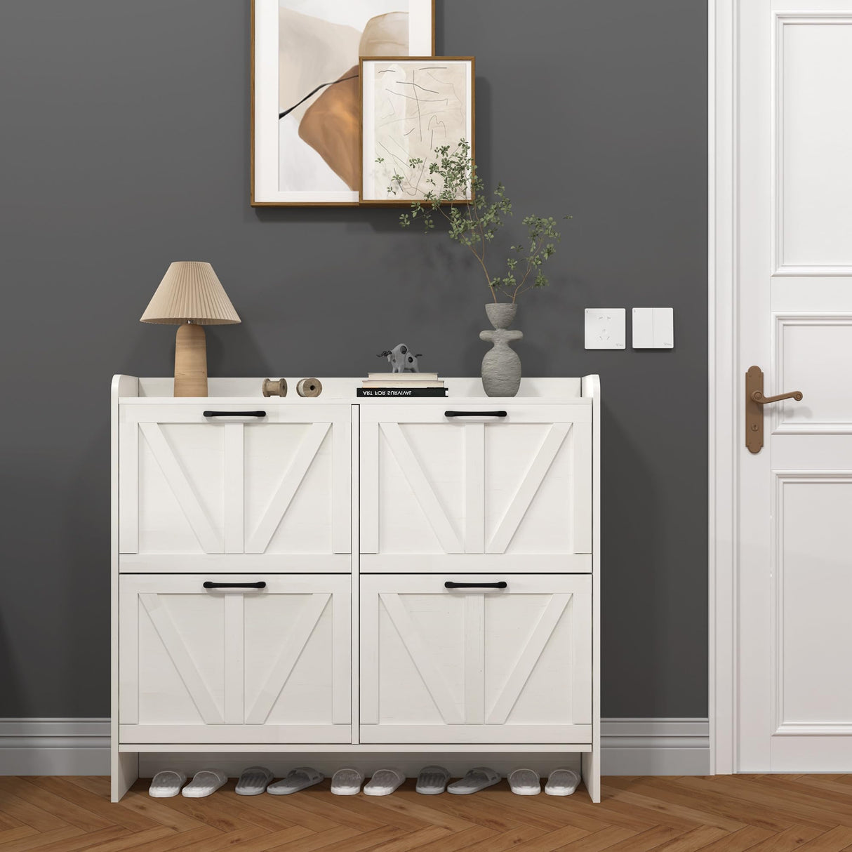 VINYUSE Shoe Cabinet with 4 Flip Drawers, Shoe Storage Cabinet for Entryway, Freestanding Hidden Shoe Cabinet Organizer with Open Storage, Narrow Shoe Rack with Legs, Oak White VINYUSE