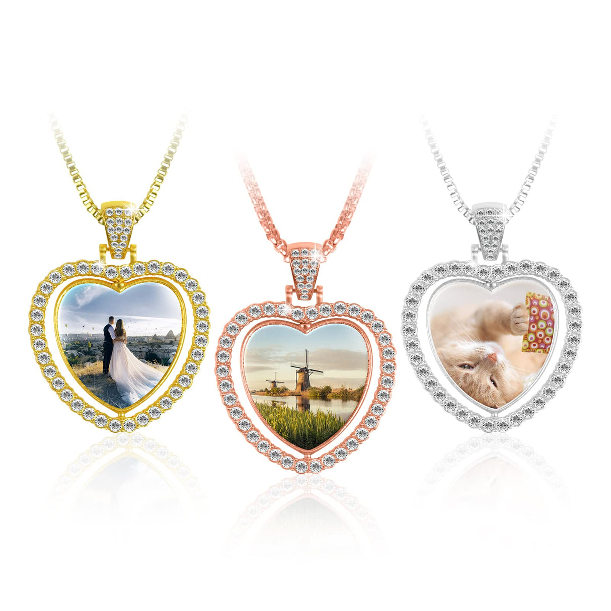 BEDSIFV 75 Pcs Sublimation Blank Rhinestone Bezel Necklace, 15 Pcs 3 Colors Double-Sided Heart Pendant Trays with Thick Necklace Chain BEDSIFV