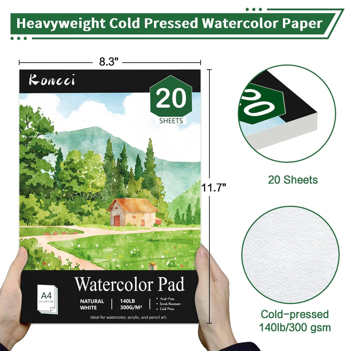 Koncci Watercolor Paper Pad (8.3"x11.7"-A4), 20 Sheets Watercolor Sketchbook, 140lb/300gsm, Glue Bound, Natural White, Cold Press & Acid-Free Water Color Paper for Adults Kids Beginner Students Koncci