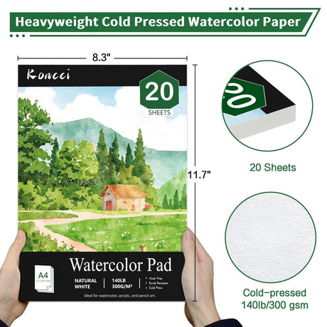 Koncci Watercolor Paper Pad (8.3"x11.7"-A4), 20 Sheets Watercolor Sketchbook, 140lb/300gsm, Glue Bound, Natural White, Cold Press & Acid-Free Water Color Paper for Adults Kids Beginner Students Koncci