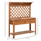 Outsunny Garden Potting Bench, Outdoor Wooden Workstation Table w/Metal Screen, Drawer, Hooks, Storage Shelf, and Lattice Back for Patio, Backyard and Porch Outsunny
