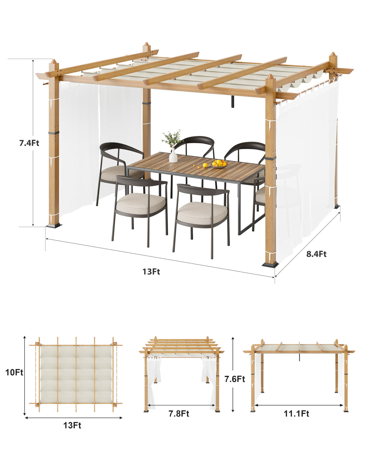 10x13 Ft Outdoor Aluminum Pergola, Upgraded Faux Wood Grain Retractable Pergola with Adjustable Roof & Side Mesh Screen, Modern Metal Patio Gazebo for Deck, Backyard, Porch, Vineyards, Beige + White Acekool