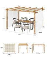 10x13 Ft Outdoor Aluminum Pergola, Upgraded Faux Wood Grain Retractable Pergola with Adjustable Roof & Side Mesh Screen, Modern Metal Patio Gazebo for Deck, Backyard, Porch, Vineyards, Beige + White Acekool