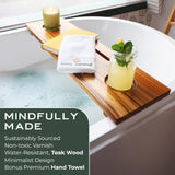 Fjord Teak Bathtub Tray - Towel & Gift Box Bundle - Sustainable Minimalist Wood Bath Tray for Tub - Fits Standard Bathtubs - Relaxing Bathtub Accessories Holder - Bath Caddy 29x8.5 in. Alma Japandi