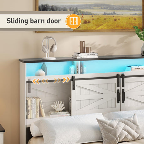 Maupvit Full Size Farmhouse Bed Frame with 4 Drawers and LED Light, Sliding Barn Door Storage Shelves and Charging Station Metal Platform Bed Frame No Box Spring Needed, White Maupvit