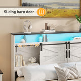 Maupvit Queen Size Farmhouse Bed Frame with 4 Drawers and LED Light, Sliding Barn Door Storage Shelves and Charging Station Metal Platform Bed Frame No Box Spring Needed, White Maupvit