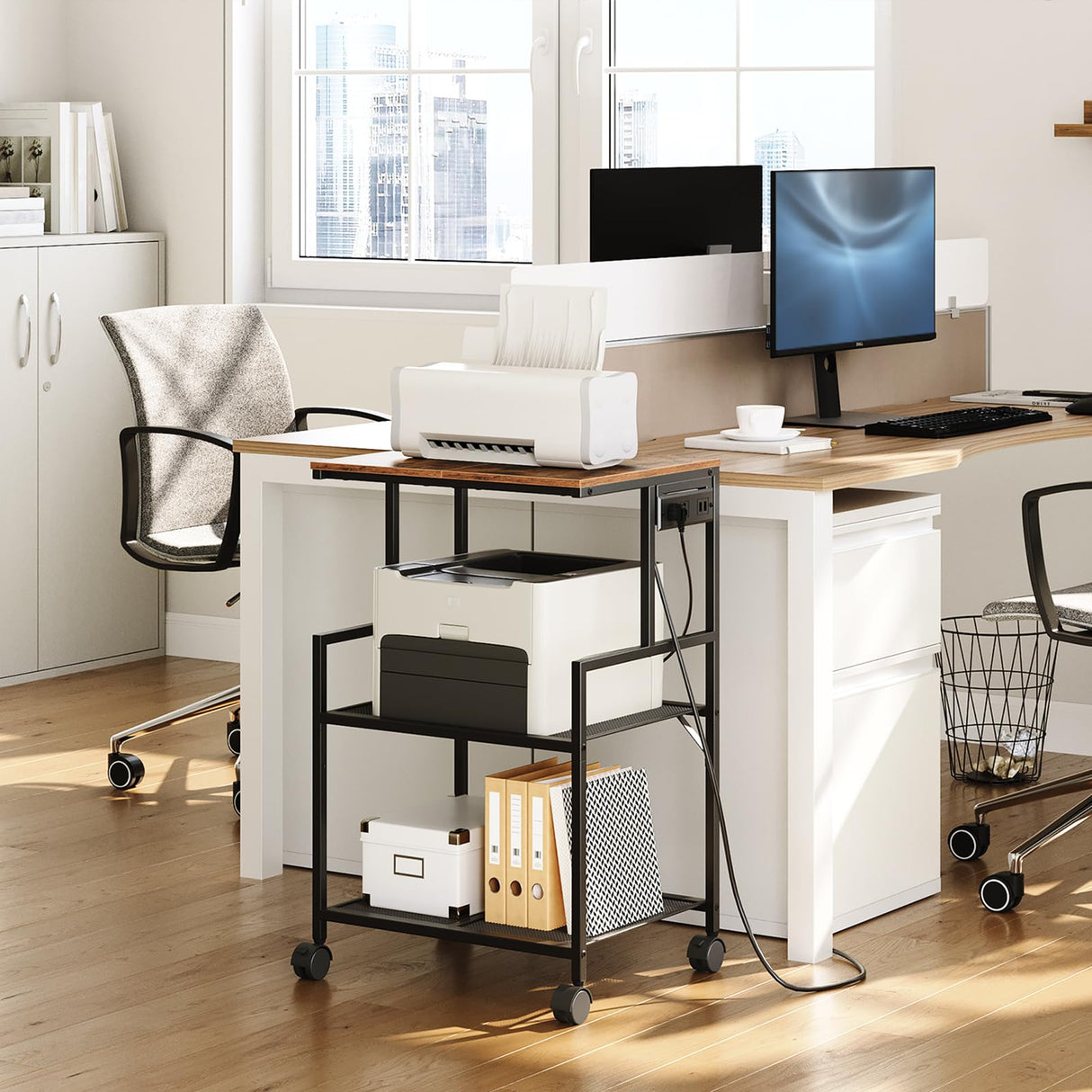 MAHANCRIS Mobile Printer Stand, 3-Tier Industrial Printer Cart with Power Outlets and 2 USB Ports, Rolling Printer Table on Wheels for Home Offices Kitchen Organization Rack, Rustic Brown PTHR78E01 MAHANCRIS