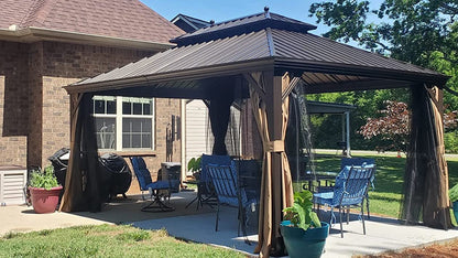 YOLENY 12' x 16' Hardtop Gazebo with Galvanized Steel Double Roof, Pergolas Aluminum Frame, Netting and Curtains Included, Metal Outdoor Gazebos for Garden, Patios, Lawns, Parties