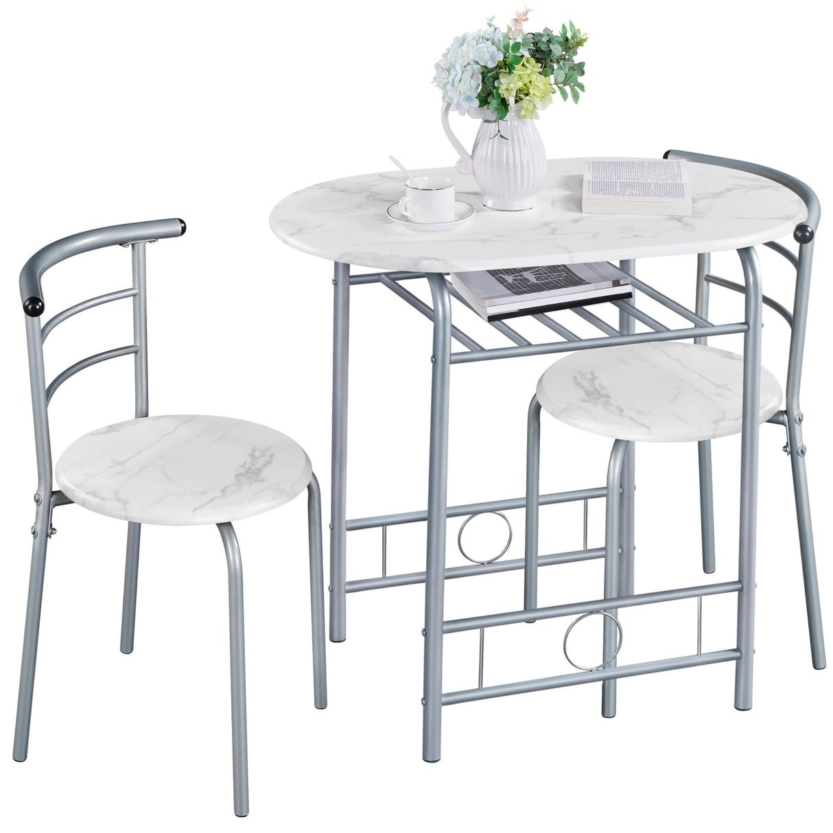 Yaheetech 3-Piece Dining Table Set, Breakfast Bistro Table Set for 2, Small Kitchen and Table Chairs Set of 2 with Metal Frame and Storage Rack for Small Space/Apartment/Dorm Room, White Yaheetech