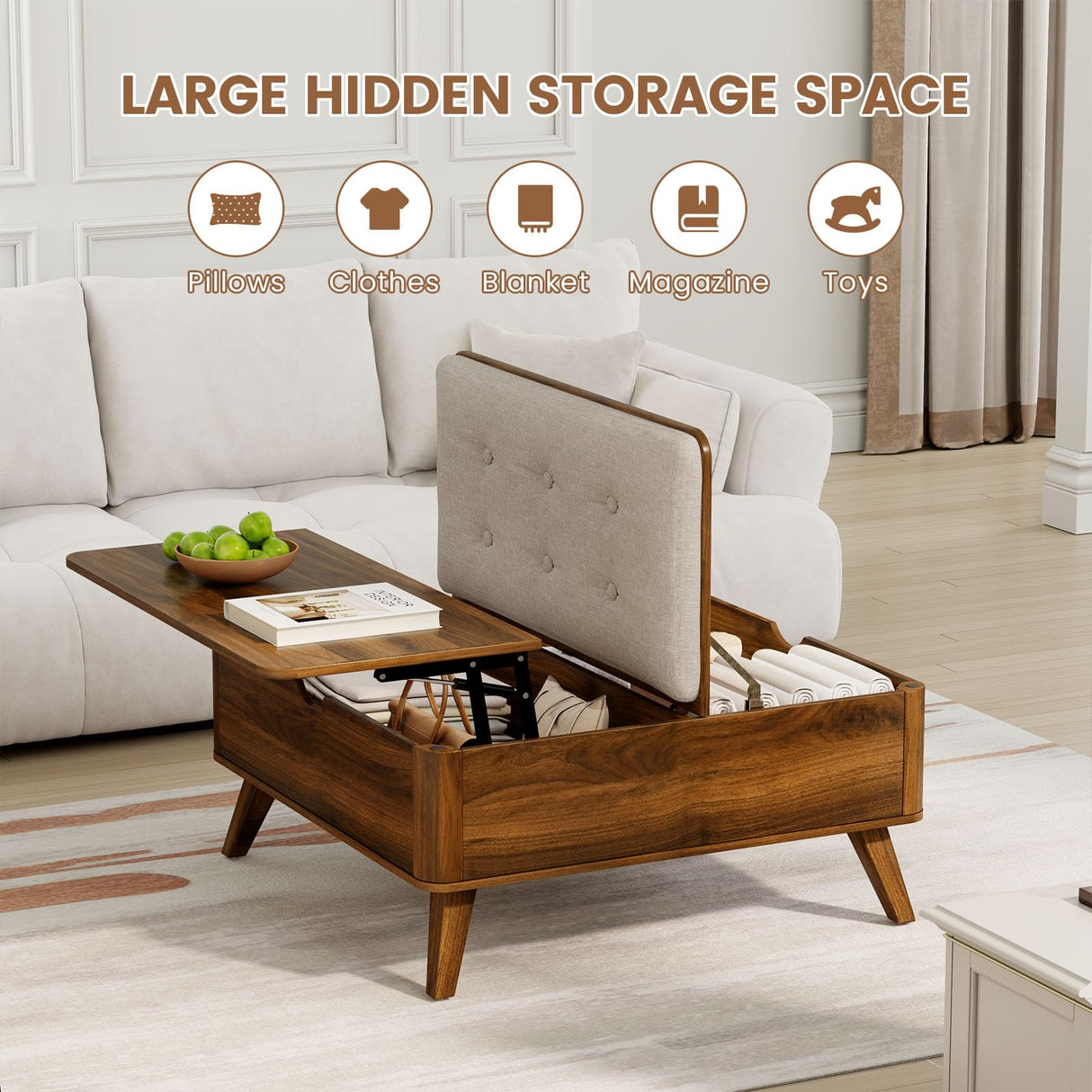 VOPEAK Storage Ottoman Coffee Table with Lift Top, Modern Square Coffee Table with Hidden Storage, Cotton and Linen Fabric Upholstered Ottomans, Cocktail Footrest Ottoman for Living Room, Walnut Brown VOPEAK