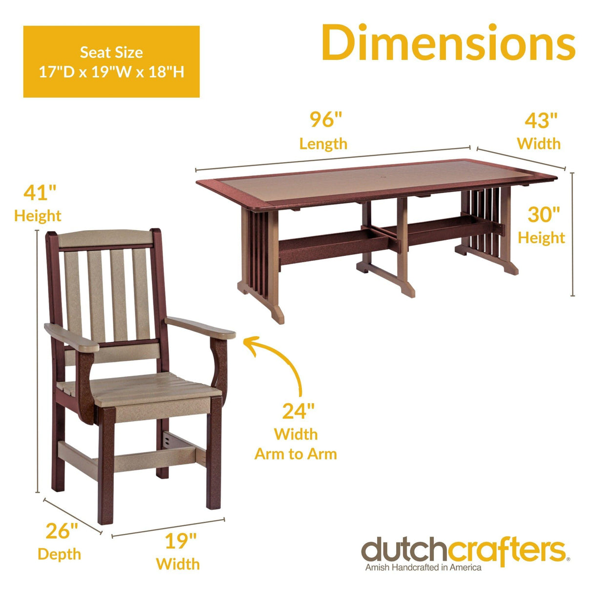 DutchCrafters 9-Piece Outdoor Patio Poly Dining Set, 96" Rectangle Table with 8 Dining Height Chairs for Outside Eating, Gathering, Entertaining - Amish Made in USA (Weatherwood on Brown) DutchCrafters