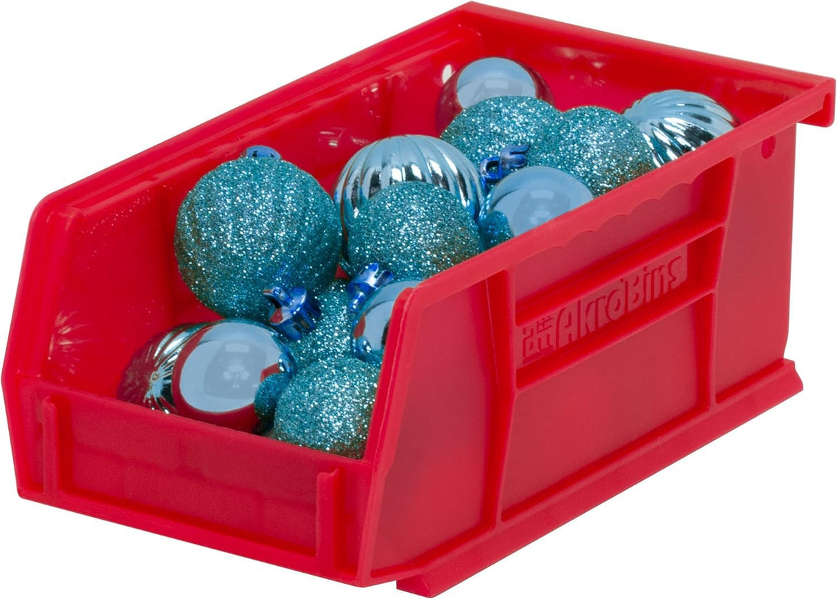 Akro-Mils 30220 AkroBins Plastic Storage Bins, Space-Saving Stackable Bins for Garage, Pantry, Craft Organization, 7-" x 4-" x 3-", Red, 24-Pack Akro-Mils