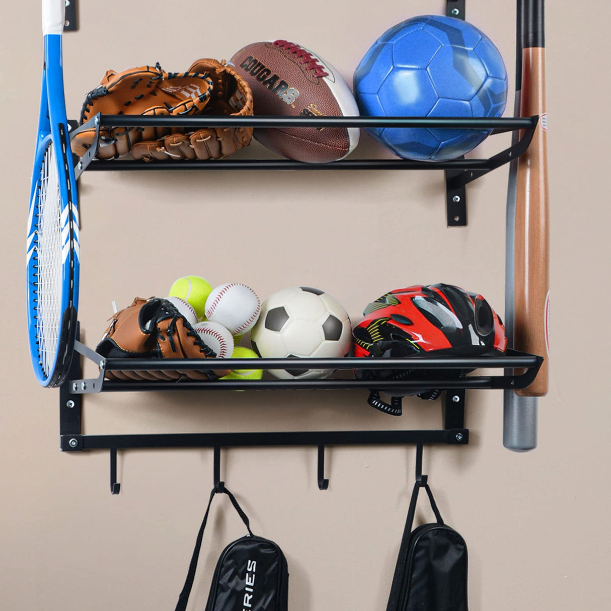 XCSOURCE Garage Sports Equipment Storage Rack with 3 Separate Shelf, Ball Rack, Sport Equipment Organizer with 4 Hooks for Badminton Racket, Basketball Rack for Basketball Football Rugby XCSOURCE