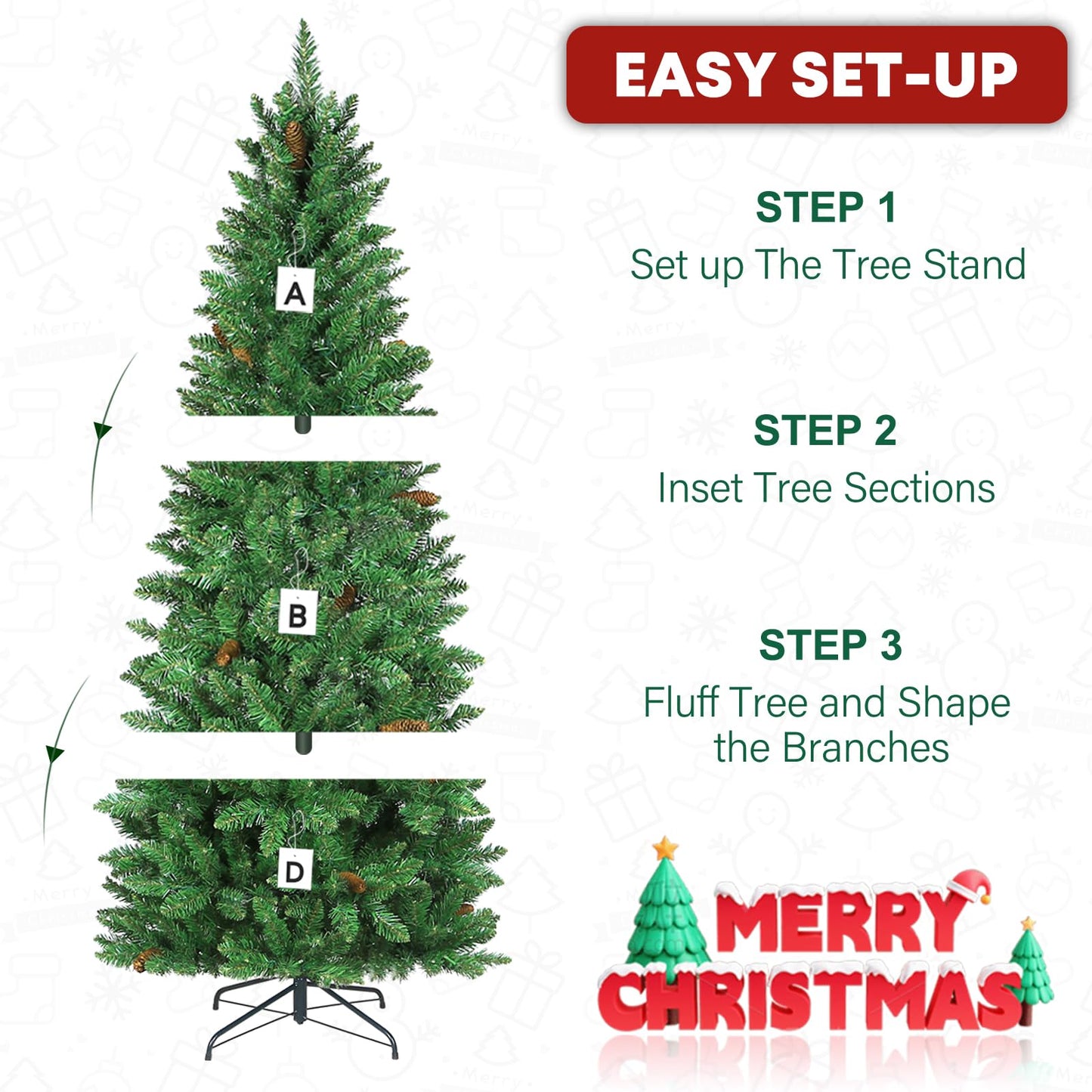 VIVATREES 7.5ft Prelit Pencil Christmas Tree with 300 Multicolor LED Lights, Artificial Green Slim Christmas Tree with 792 PVC Branch Tips, Metal Stand and Hinged Branches, 10 Color Modes